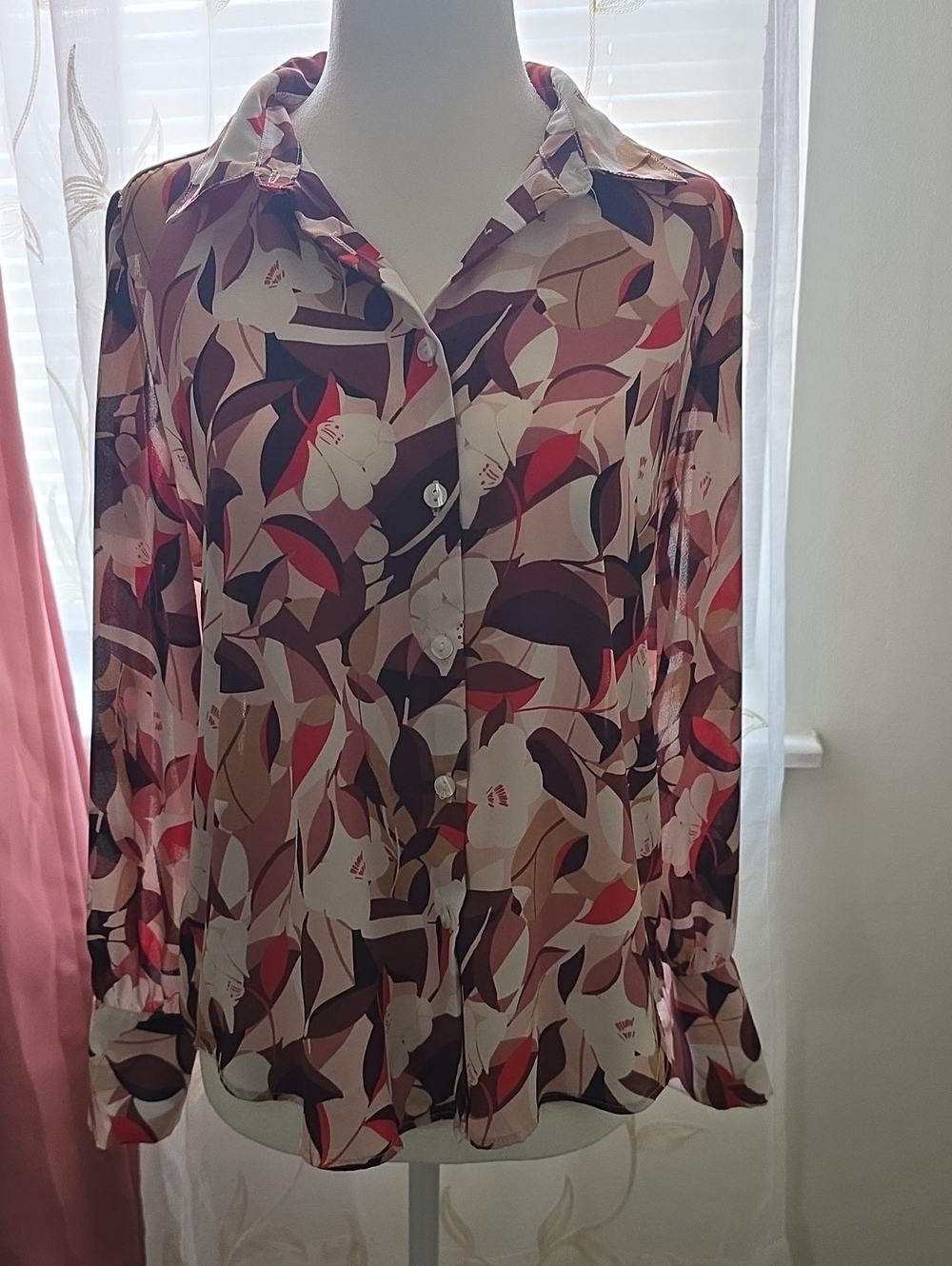 Floral Abstract Print Button-Front Women's Blouse - Pink/Burgundy